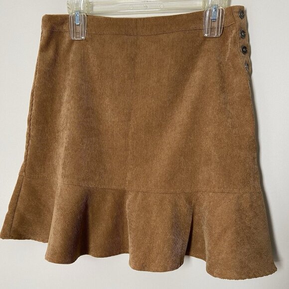 Doe & Rae Corduroy Skirt Sz M Side Button Closure Ruffle Hemline Caramel Brown - Picture 1 of 10